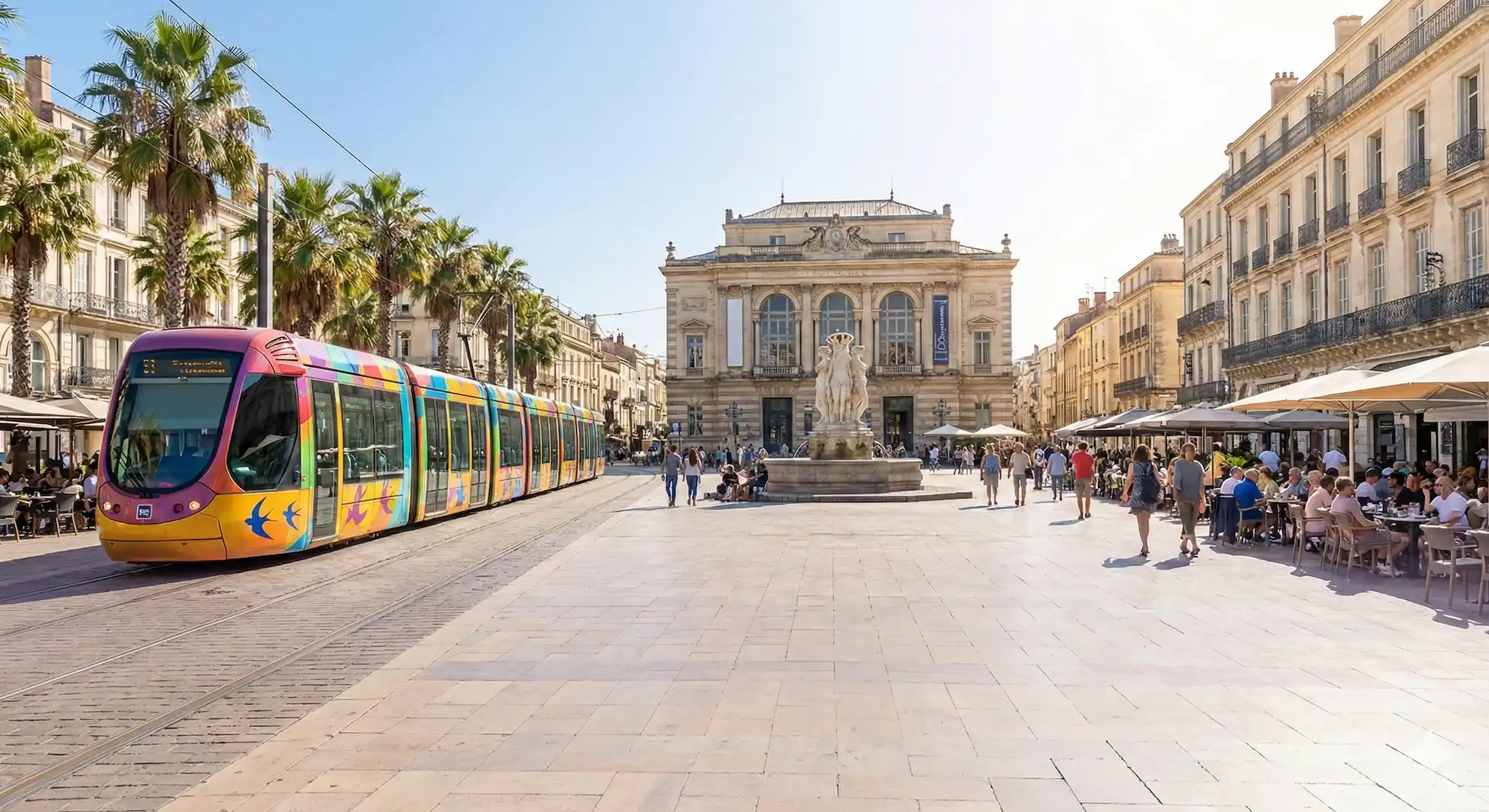 Place de la Comédie à Montpellier, avec le tramway